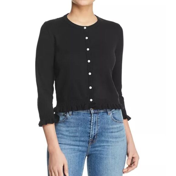 KARL LAGERFELD PARIS Lace Back Ruffle Cardigan - Picture 1 of 8